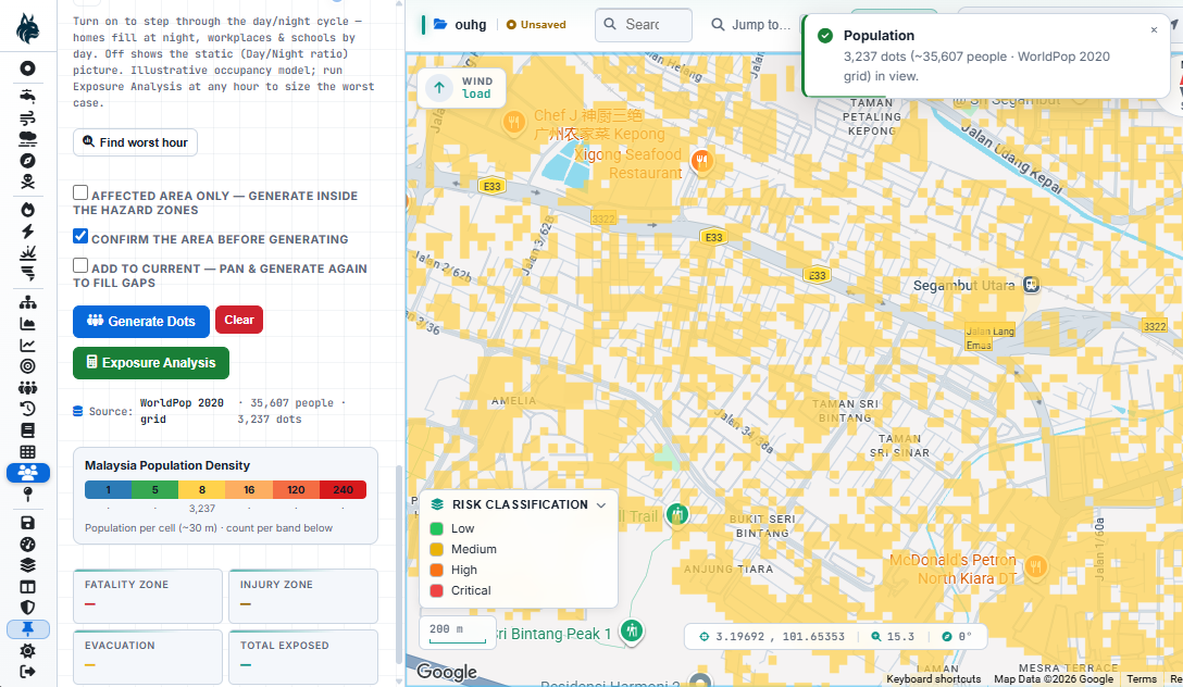 Population density cells over the study area for exposure calculations.